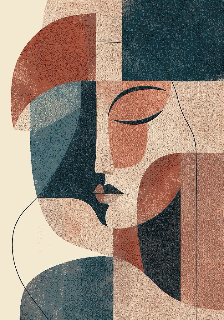 Ilustração abstrata de um rosto composta por formas nas cores da identidade visual do site